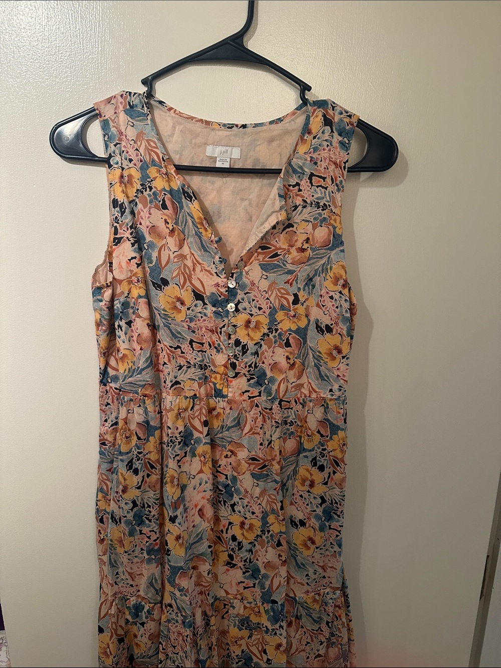 J. Jill Floral Sleeveless V‑Neck Midi Dress in Pink, Yellow & Blue